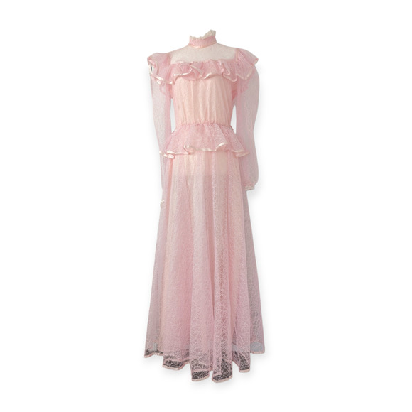 70s 80s Light Pink Lace Victorian Maxi Gown - Picture 1 of 10